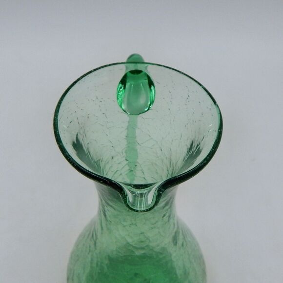 Crackle Glass Mini Pitcher Cruet Hand Blown 7 Inch Green Applied Handle - Picture 6 of 9